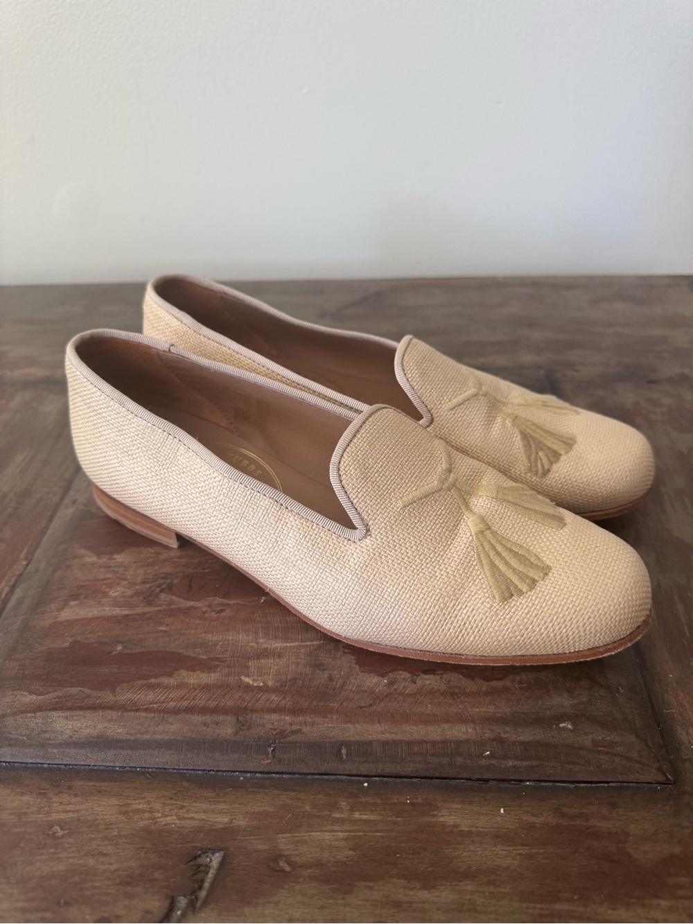 Stubbs & Wootton cream straw raffia tassel detail slip on loafers shoes women 9